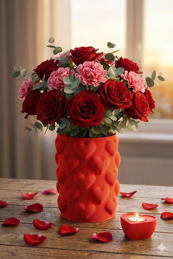 3D Printed Hearts Vase - Red Ribbed Textured Valentine's Day Floral Centerpiece