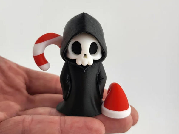 Grim Reaper Christmas - Skeleton w Candy Cane & Santa Hat - Holiday Decor