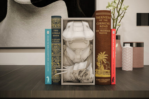 Master Chief Inspired Book Nook - Halo 3D Printed Bookshelf Insert Unpainted