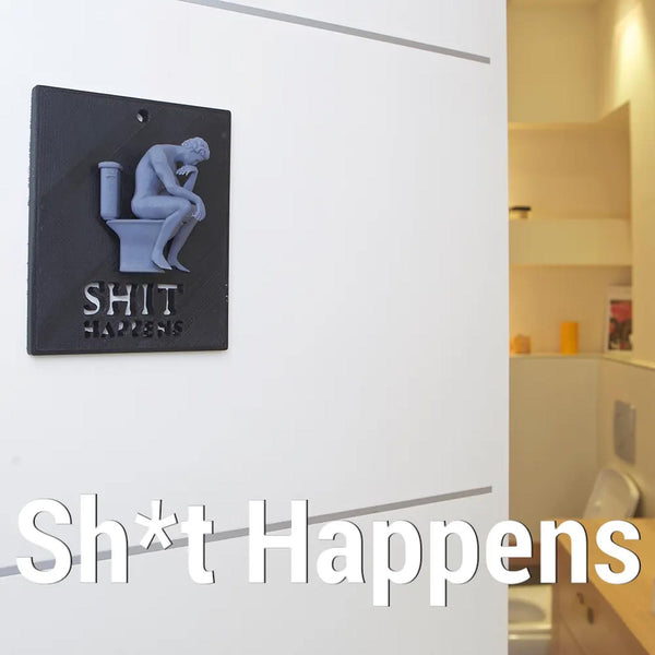 Funny "SHT HAPPENS" Bathroom Sign - The Thinker on Toilet Wall Art