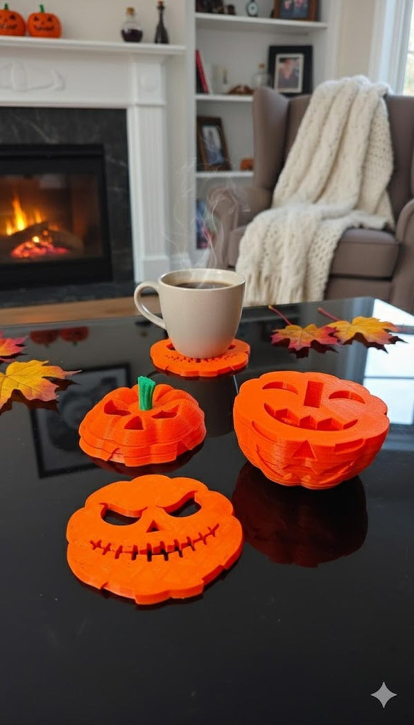 Jack-o'-Lantern Pumpkin Coaster Set - Spooky Halloween Decor