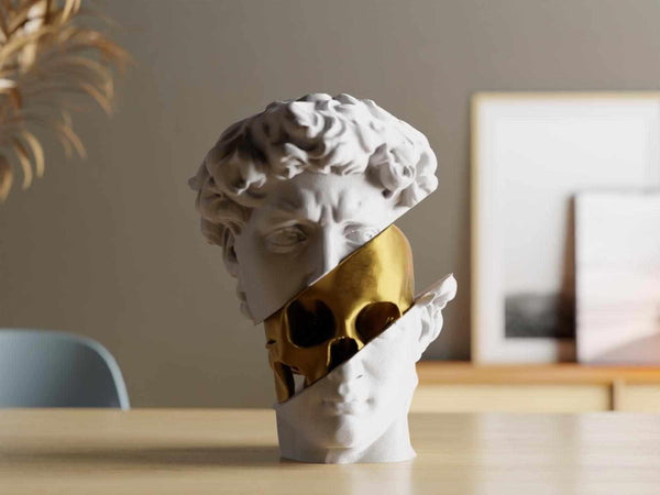 Split David Bust Statue with Golden Skull - Conceptual Art Decor