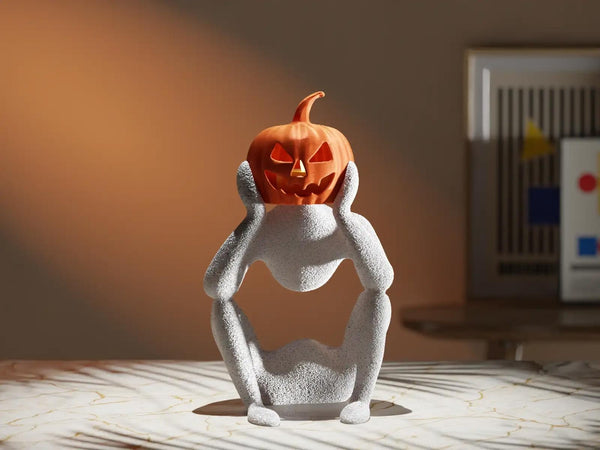 Contemplating Pumpkin Figure - Light-Up Jack-o'-Lantern Statue